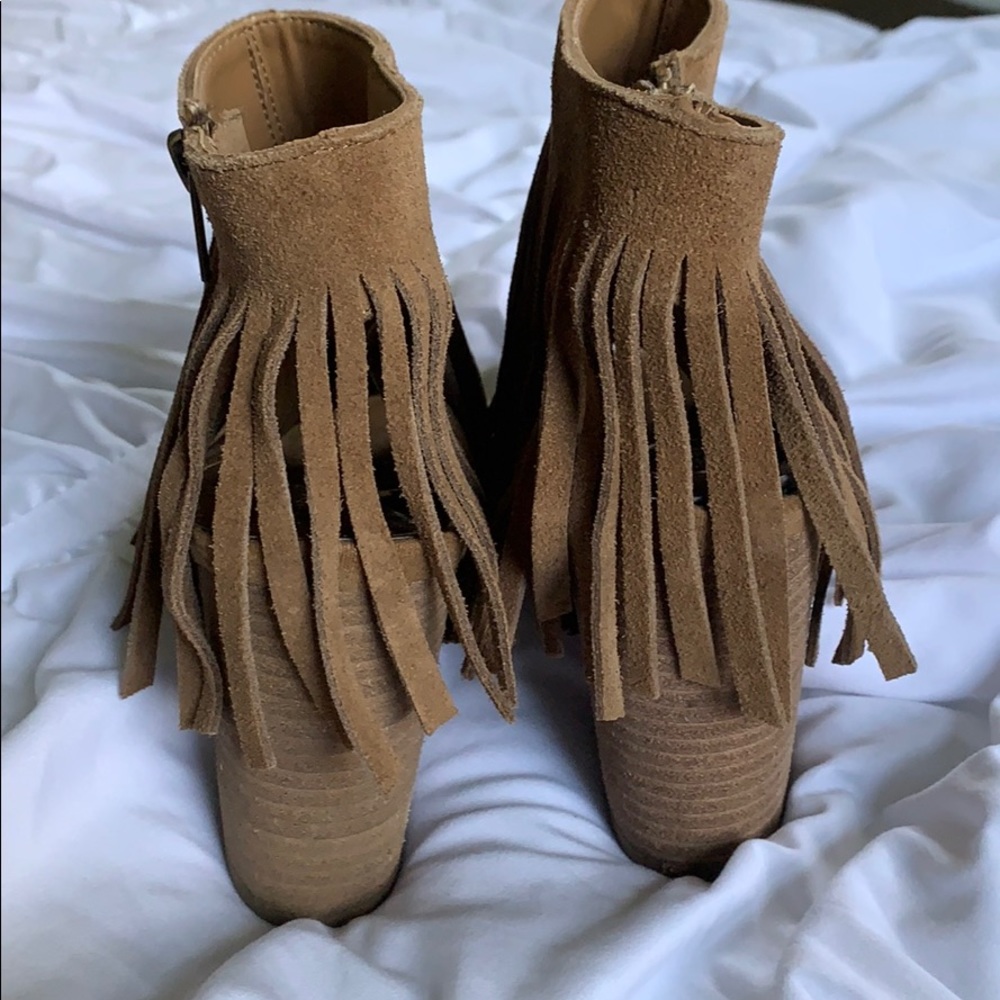 Suede Fringe Open Toe Booties - image 4